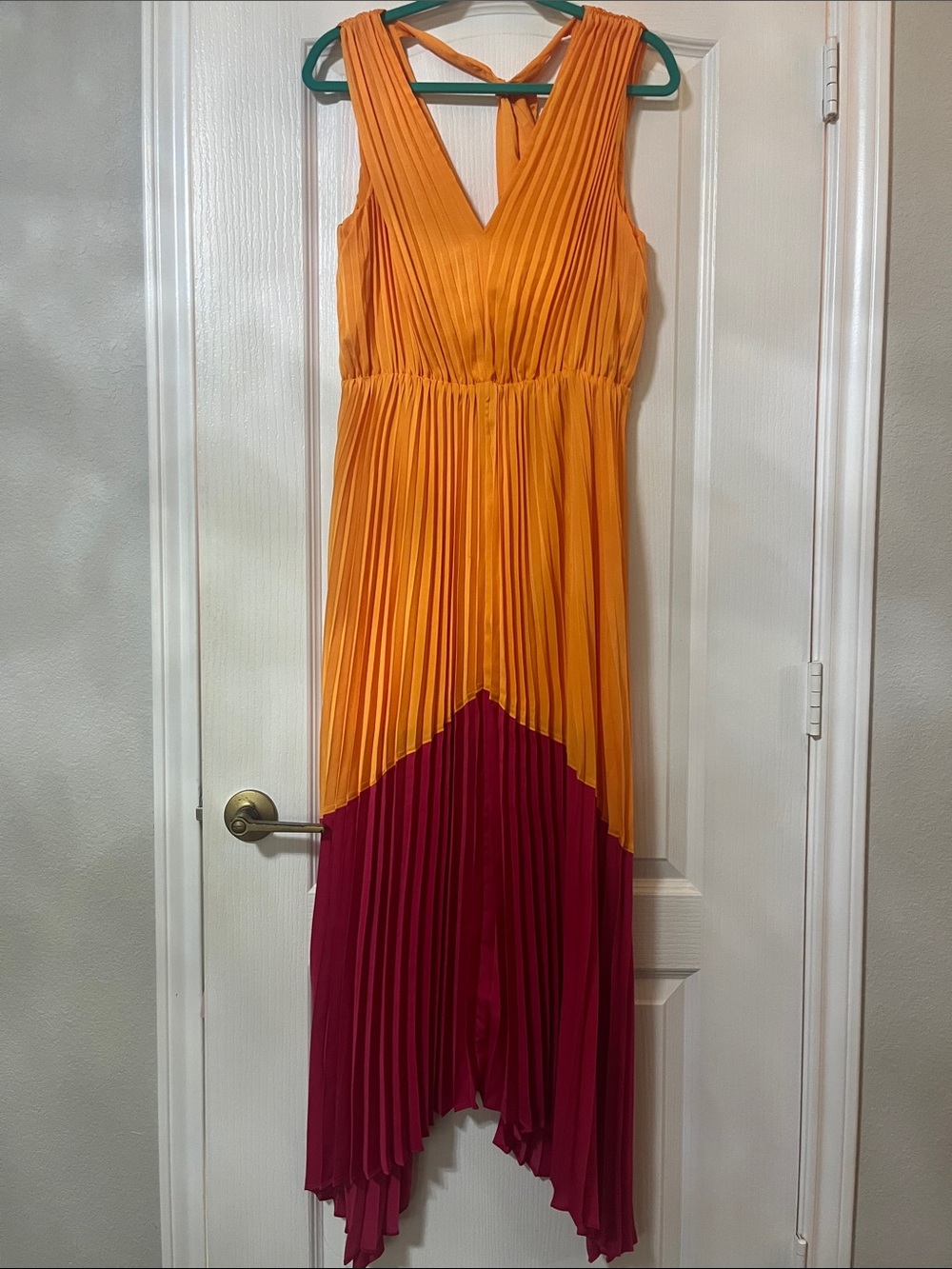 Express Two-Tone Pleated Maxi Dress in Orange and Magenta